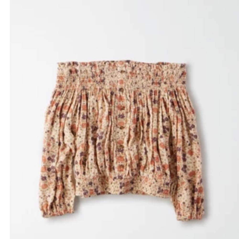 American Eagle Printed Smocked Off-Shoulder Top